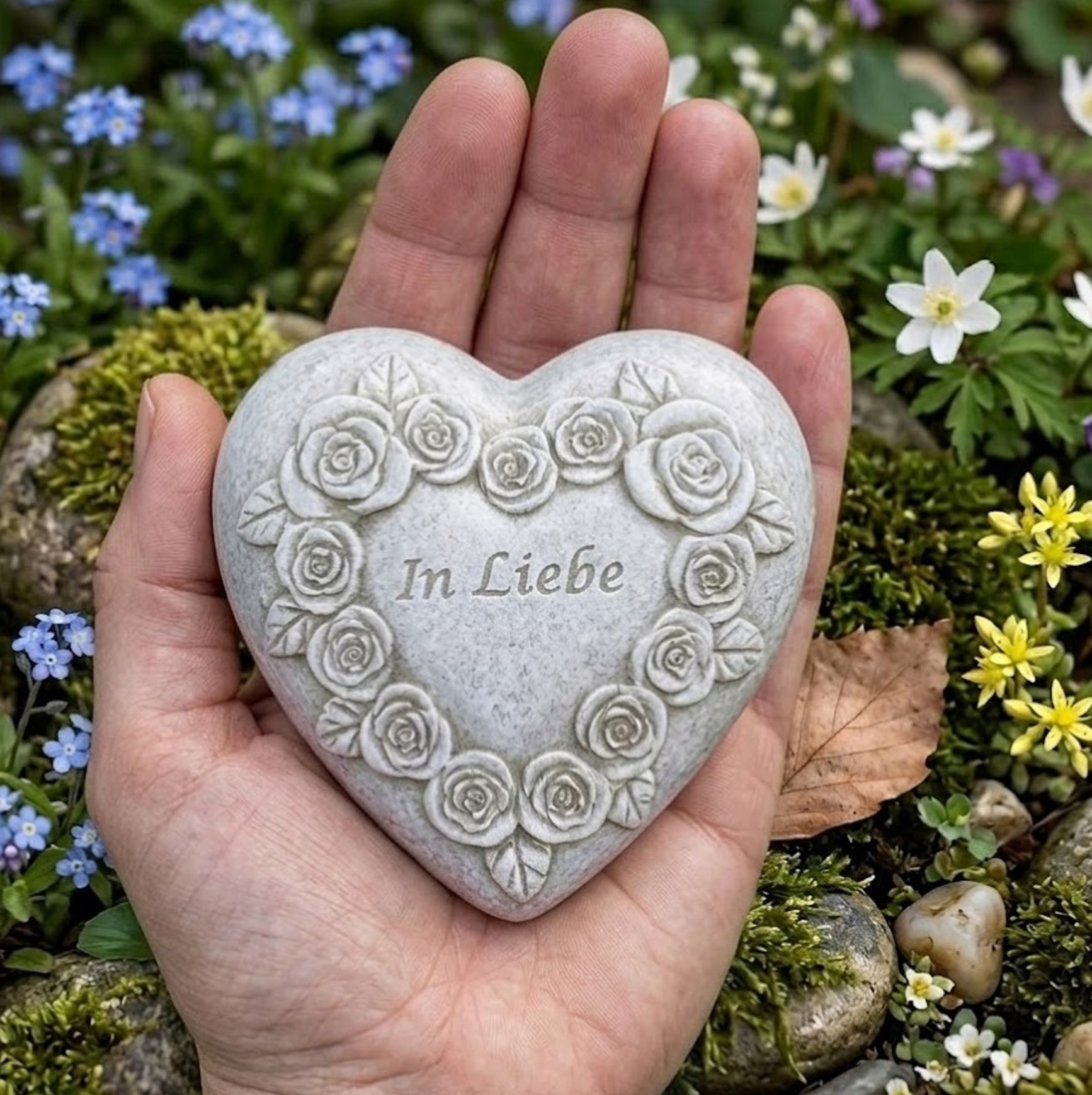 Grabherz Gedenkstein mit Rosenherz- In Liebe - Grabschmuck Grabdeko Trauerherz 8cm