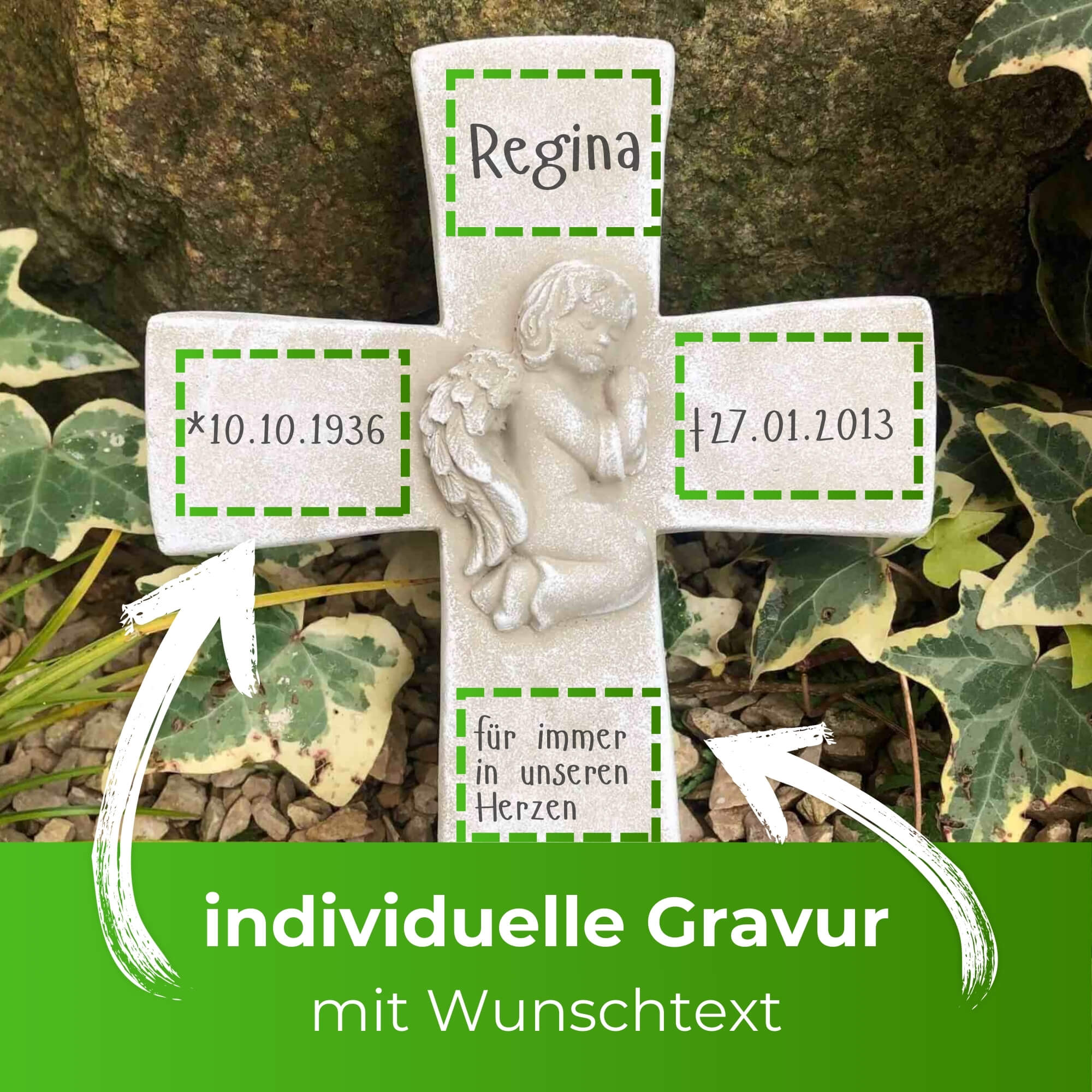 Kreuz mit 3D Engel Grabengel Gedenkstein Grabschmuck Grabdeko 800g und persönlicher Gravur Kreuz mit 3D Engel Grabengel Gedenkstein Grabschmuck Grabdeko 800g und persönlicher Gravur