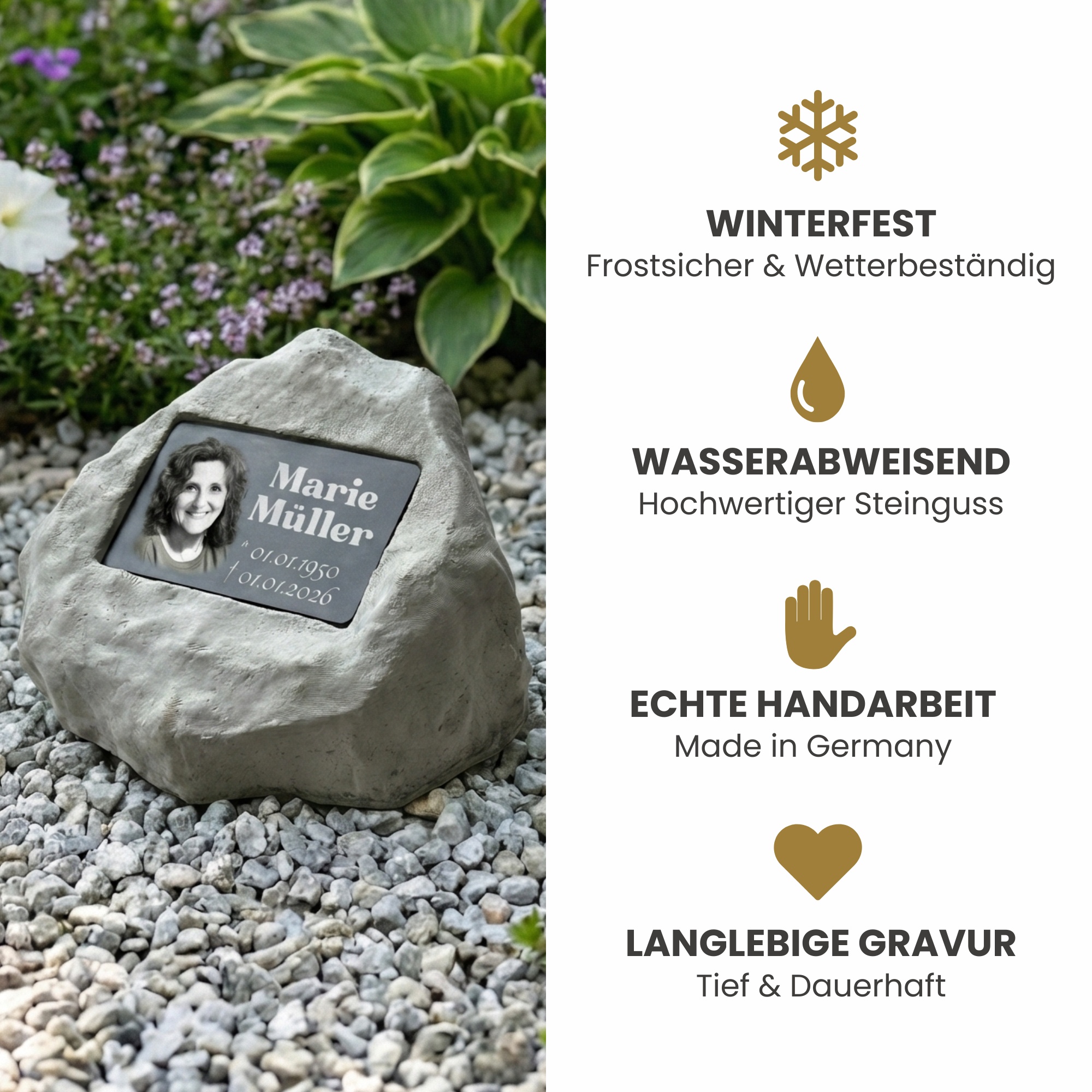 Personalisierter Gedenkstein mit Foto & Gravur | Wetterfester Grabstein aus Steinguss für Außen – Individuelle Grabplatte mit Bild & Namen – Stilvoller Grabschmuck für Friedhof & Garten